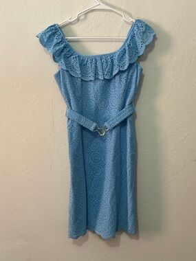 Lilly Pulitzer Sky Blue Eyelet Ruffle Midi Dress with Heart Buckle